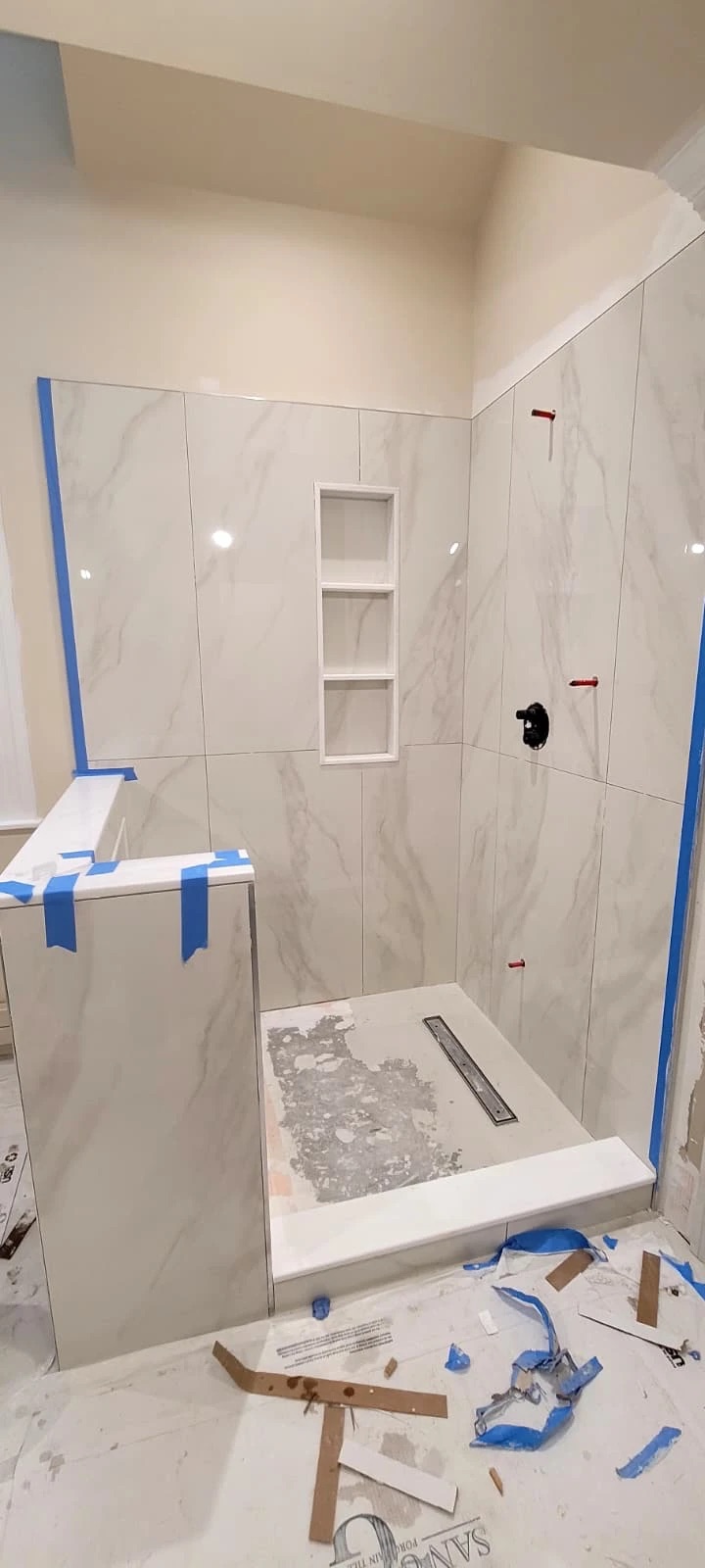Marble master bathroom during