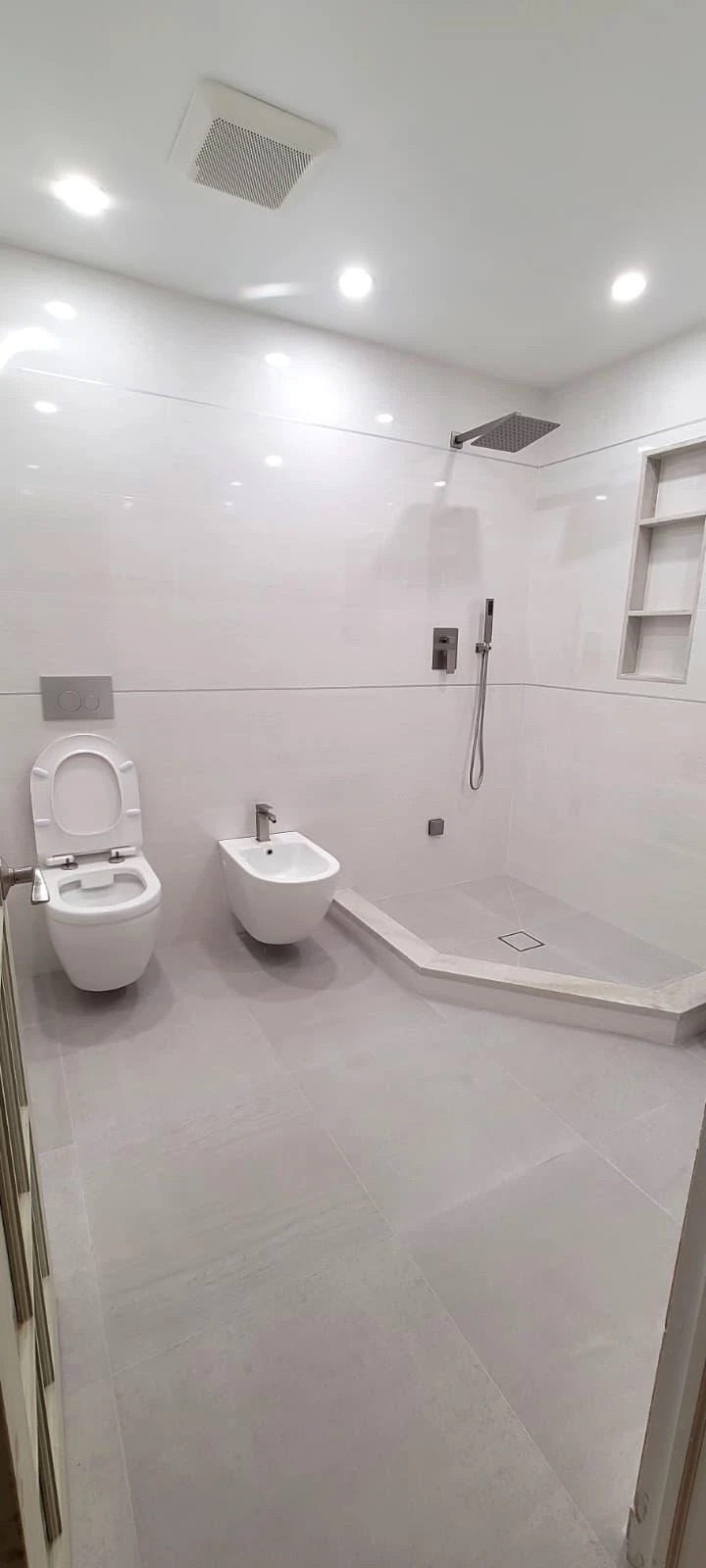 Walk-in shower bathroom, view 1